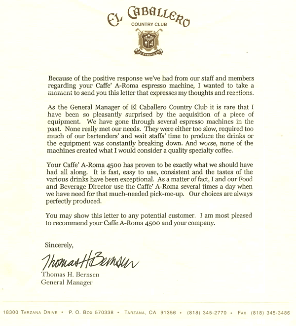 Testimonial from El Caballero Country Club in Tarzana, California.